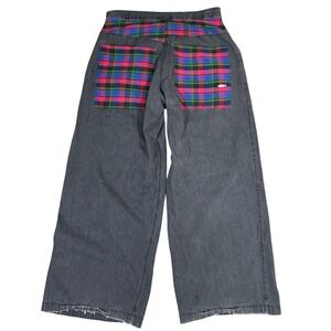 Vintage‎ 90's JNCO's Wide Leg Jeans Black Denim Bold Plaid Y2K Streetwear